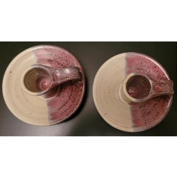 Pair Mid Century Studio Art Tapered Candle Holders Lavender White with Handles - Picture 5 of 6